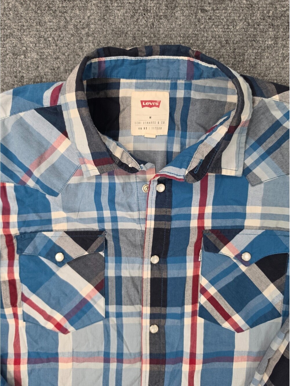 Levi's Western Shirt Mens M Blue Plaid Pearl Snap Long Sleeve Cowboy